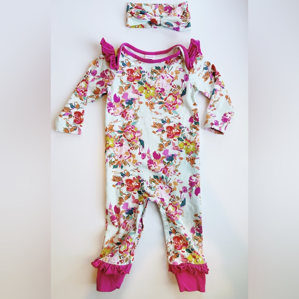 Ricrac & Ruffles floral jumpsuit w/ headband 18M